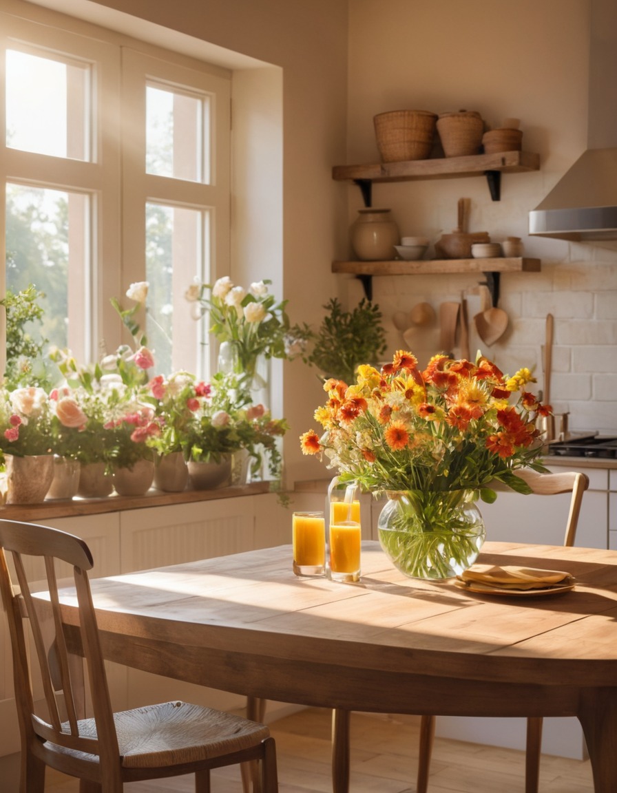 kitchen, sunlight, fresh, flowers, home, interior