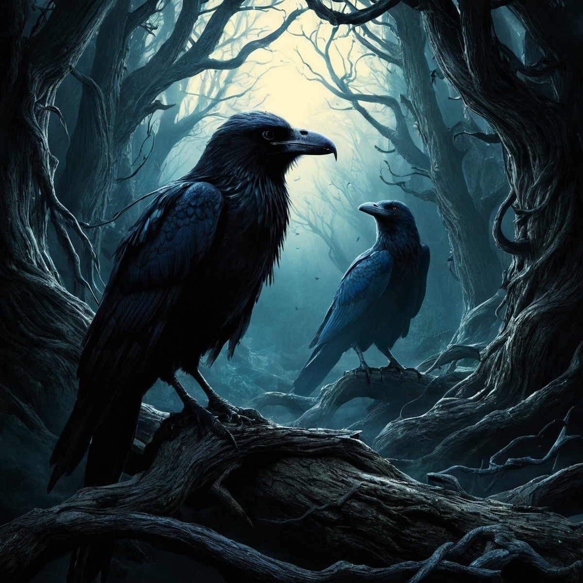 digitalart, bird, forest, digitalpainting, ravens