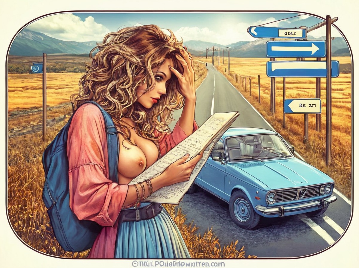 digitalart, drama, vintage, car, backpack, belt, clueless, countryside, driver, fences, illustration, lady, lost, map, messyhair, mountains, powerlines, print, retro, road, signs, skirt, sweater, tattooedgirl, artillustration, dailychallenge