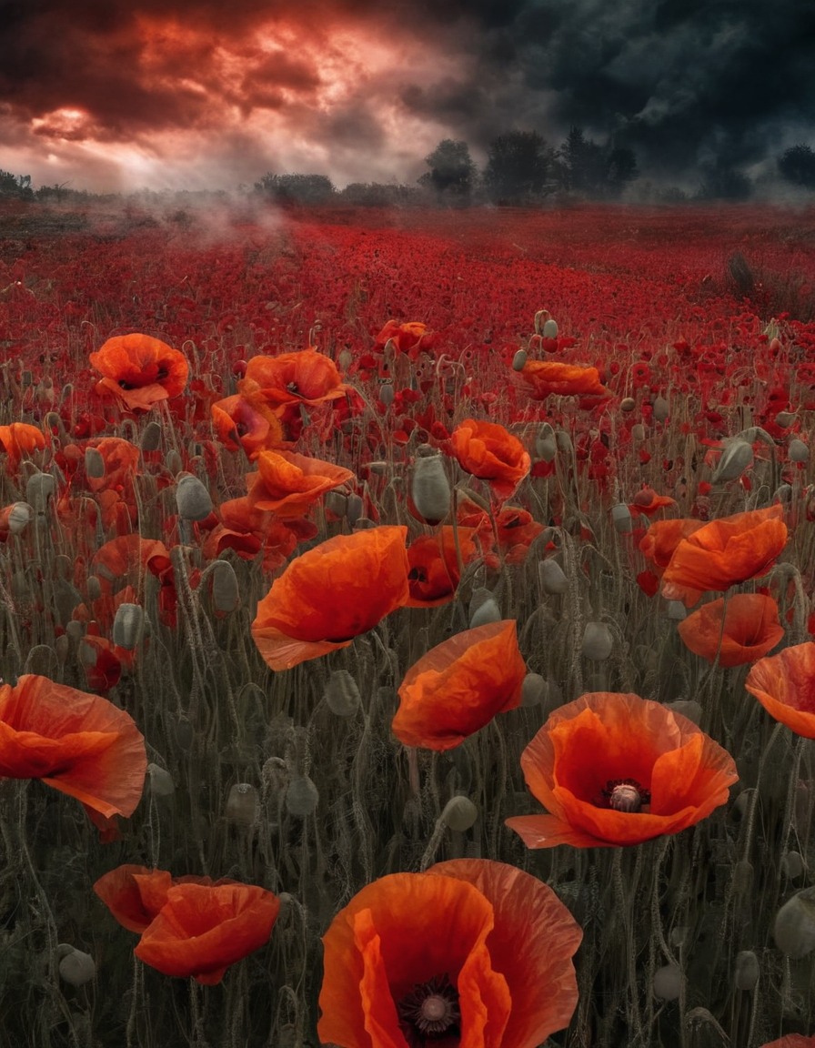 field of poppies, dreamlike, mystical, vapors, nature, fantasy, enchantment