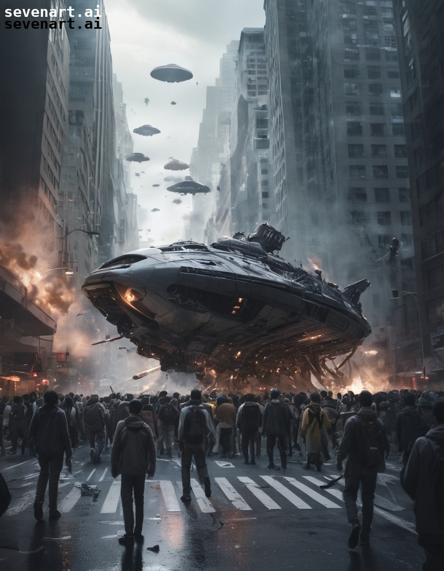 alien, spacecraft, crash-landing, city, chaos, aliens, three body problem, trisolaran