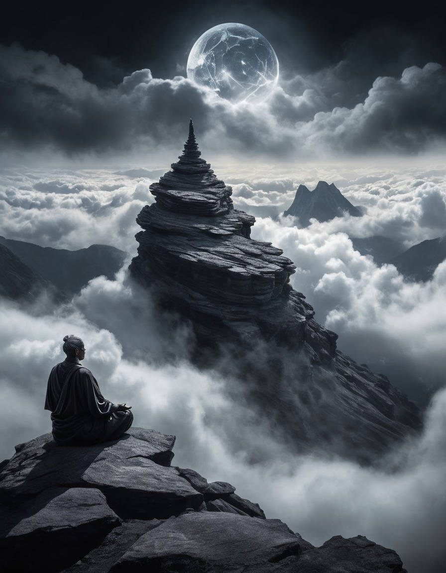 meditation, mountain peak, swirling clouds, loneliness, serenity, solitude, tranquility