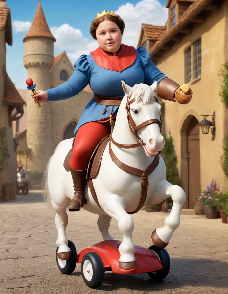 humorous, joan of arc, chubby, toy horse, medieval, fantasy, fat