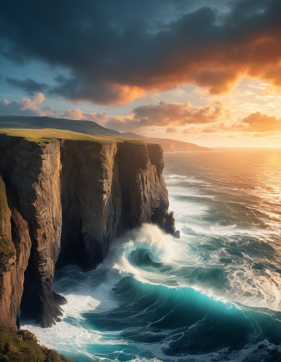 cliff, ocean, waves, nature, dramatic, turbulent