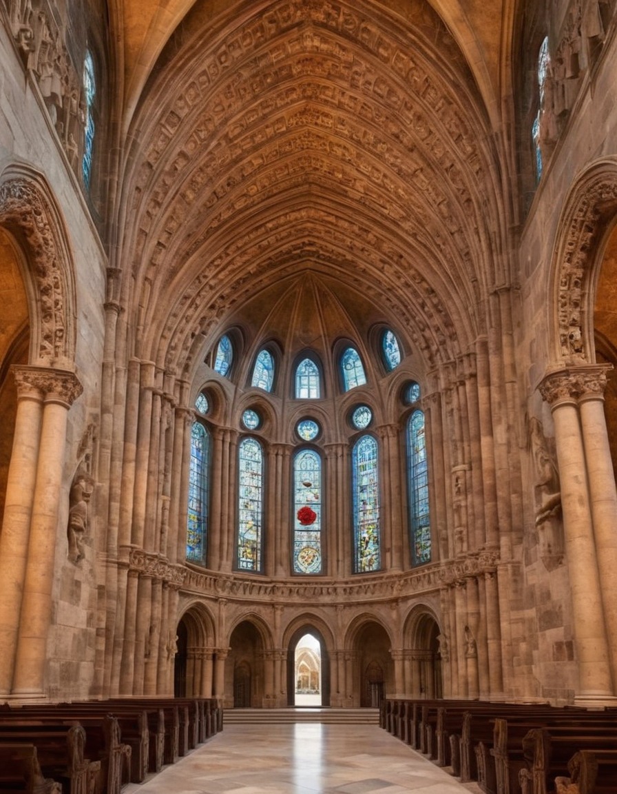 romanesque architecture, cathedral, stone carvings, rose window, architecture