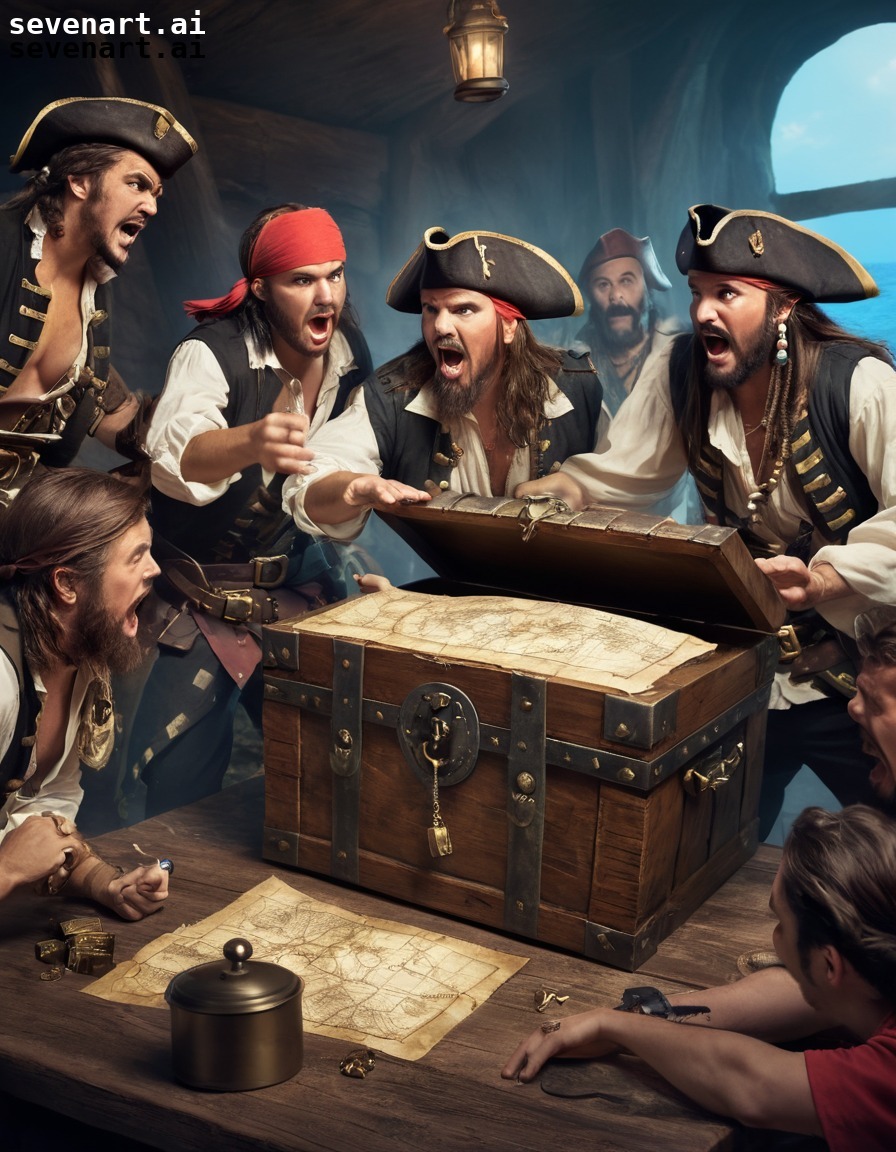 pirates, treasure map, treasure chest, comedic, argument, fun, people