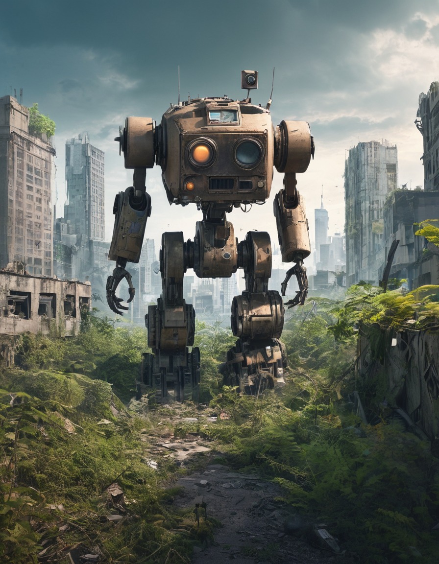 post-apocalyptic, robot, cityscape, vegetation, nature, fallout, games, tv shows