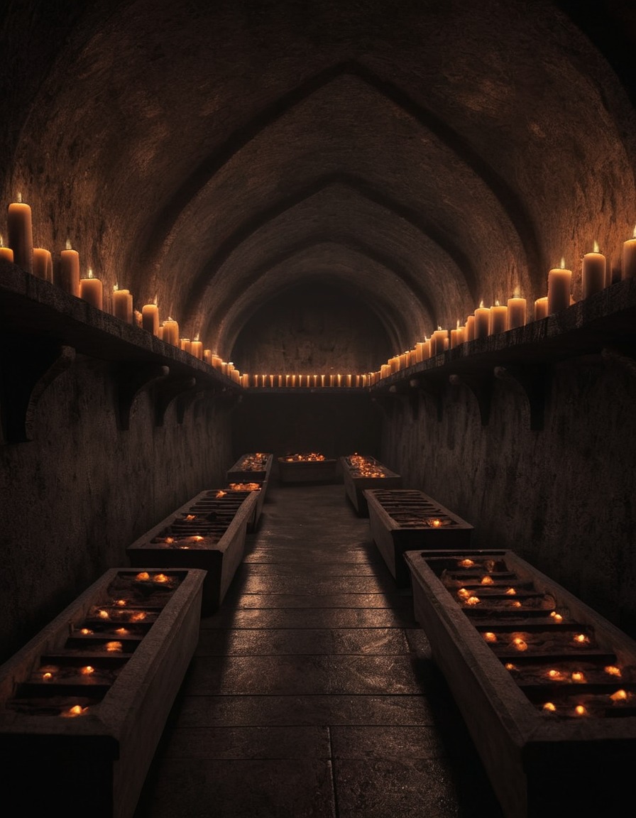 dark, crypt, coffins, candles, hidden passages, gothic, underground