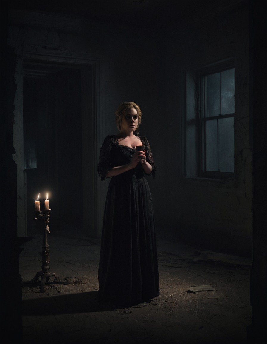 adele, candlelight, abandoned mansion, shadows, eerie, solitude