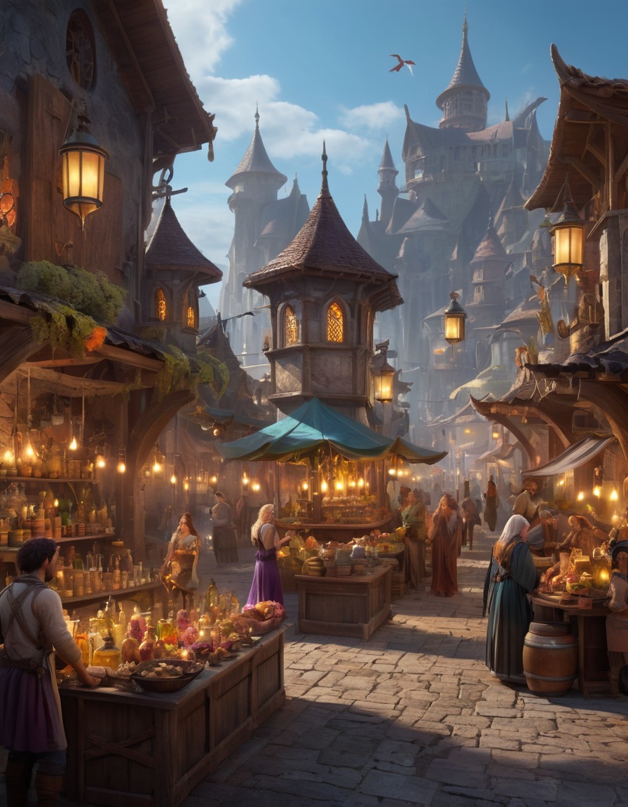 marketplace, potion sellers, spellcasters, mythical creatures, fantasy, magical, enchanting