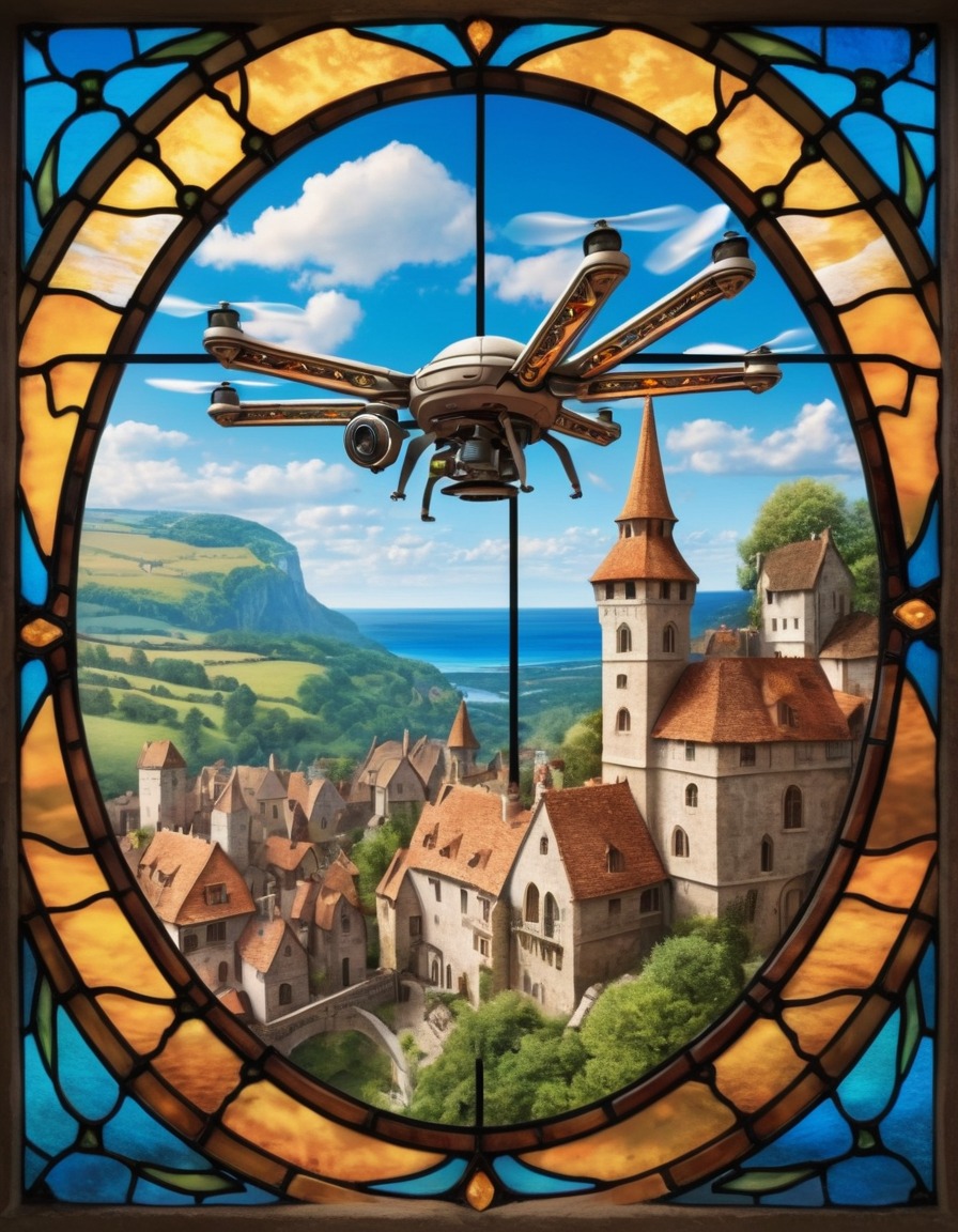 drone, medieval village, stained glass window, fantasy art, medieval, art