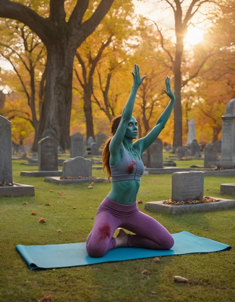 zombie, yoga, graveyard, strange, undead, meditation, humor