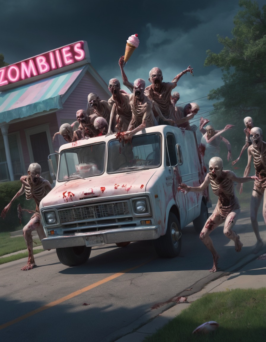 zombies, ice cream truck, suburban neighborhood, horror, zombie