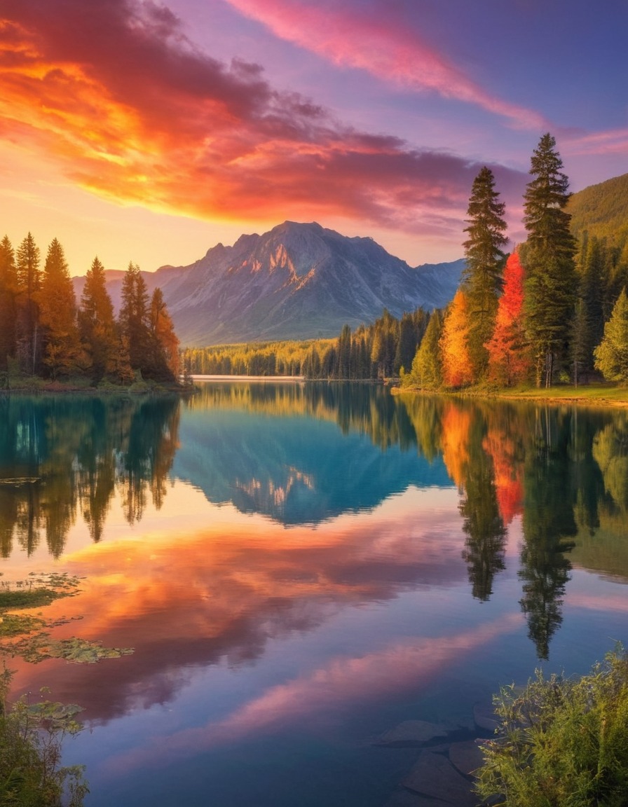 nature, lake, sunset, reflection, colorful, tranquility