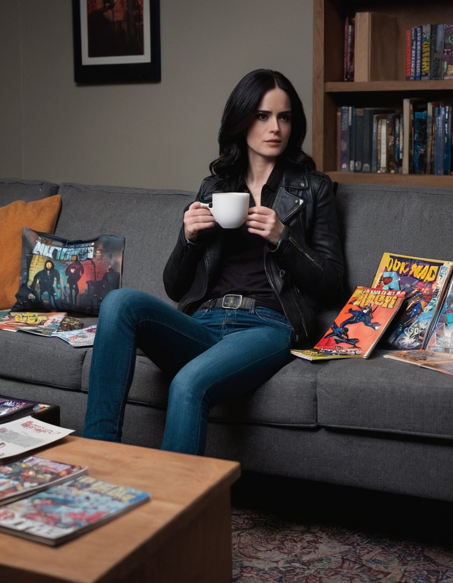 jessica jones, coffee, comics, relaxation, couch, superhero, superheroine, bikini