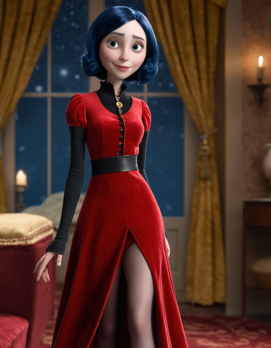 coraline jones, red velvet dress, confidence, allure