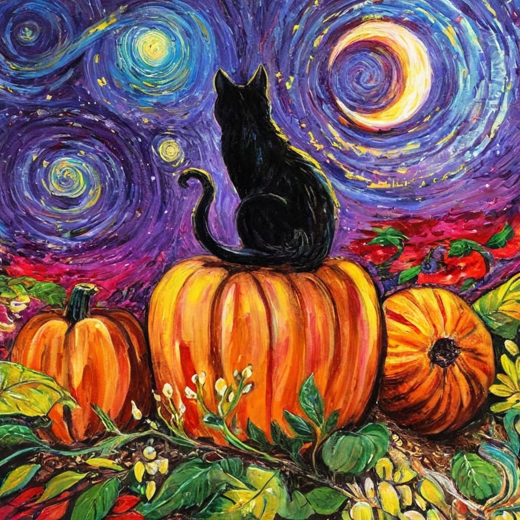 blackcat, cat, halloween, impasto, night, oil, oiloncanvas, painting, paletteknife, print, pumpkin, pumpkinpatch