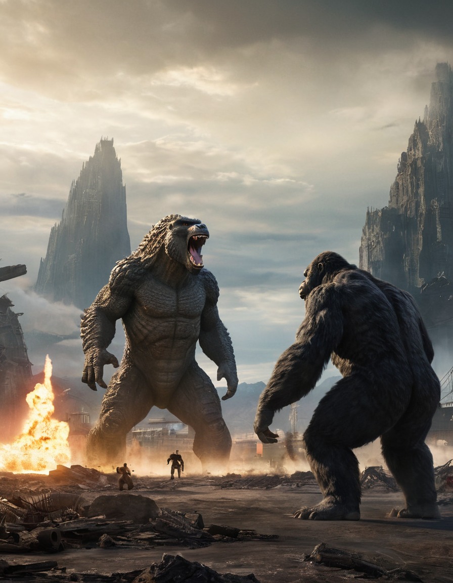 godzilla, king kong, post-apocalyptic, wasteland, kong