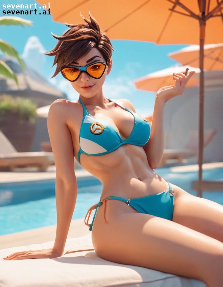 tracer, overwatch, sunbathing, pool, bikini, games, girls from games