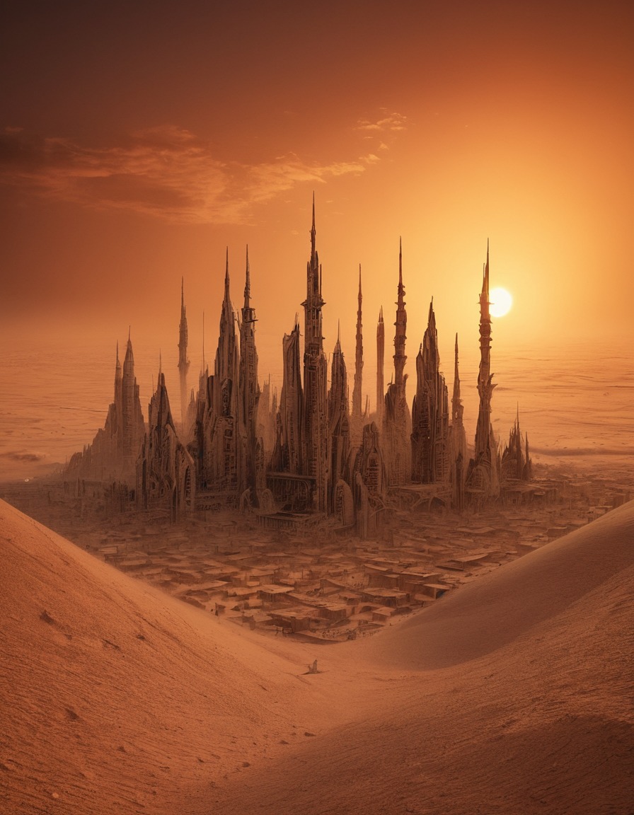 mystical, desert, mirage, city, sunset