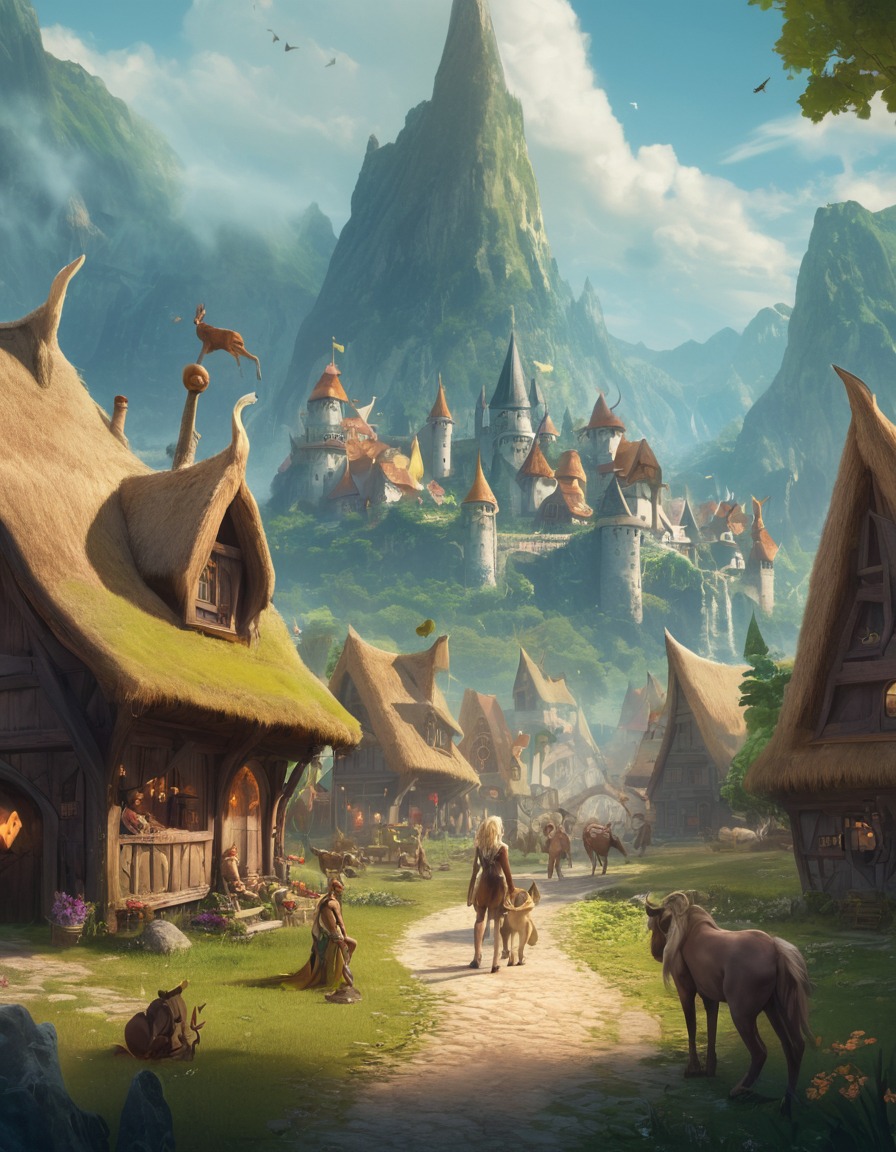 fantasy, village, humans, elves, centaurs