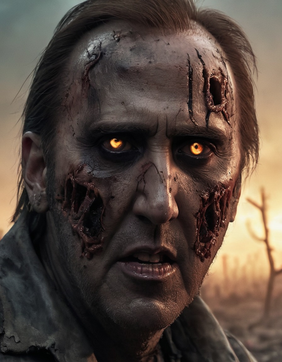 nicolas cage, post-apocalyptic, decay, horror, zombies, wasteland, glowing eyes, zombie, celebrities