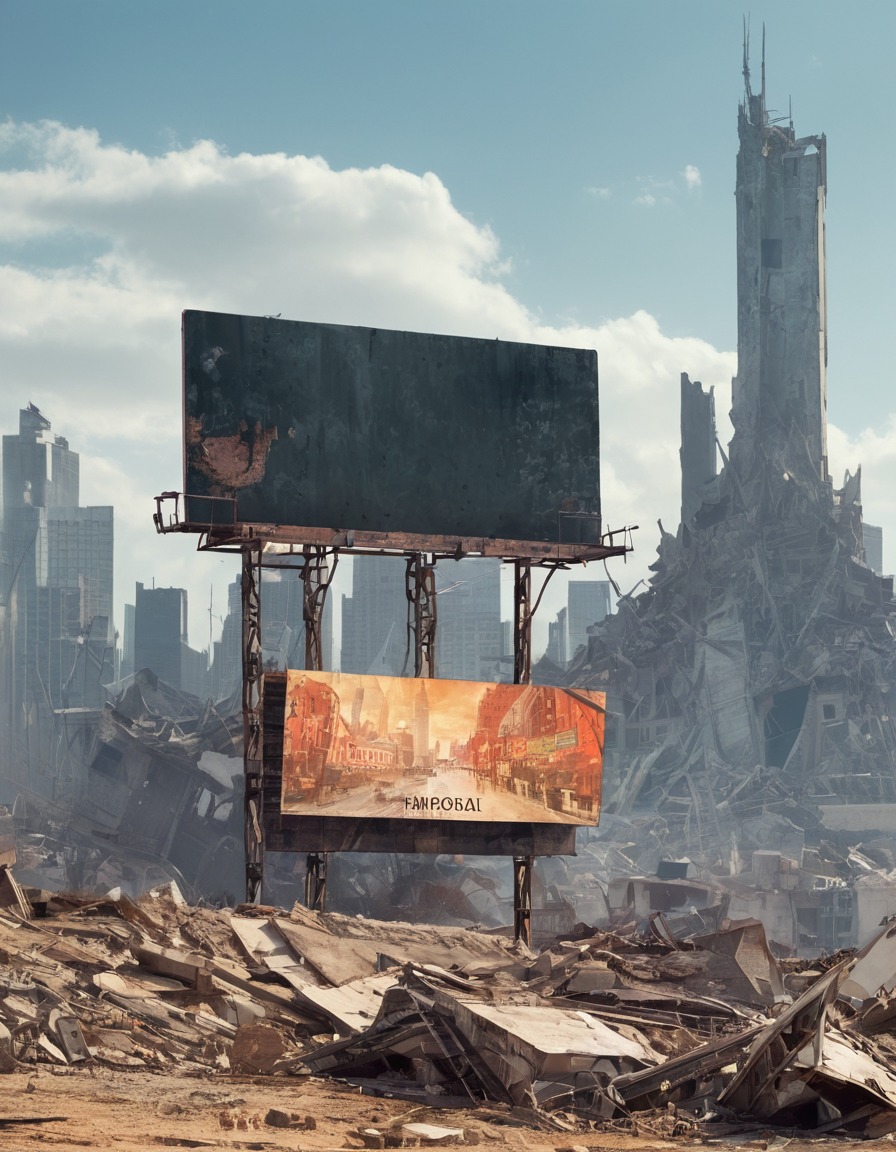 post-apocalyptic, urban decay, advertising, ruins, dystopia, fallout, games, tv shows, amazon prime