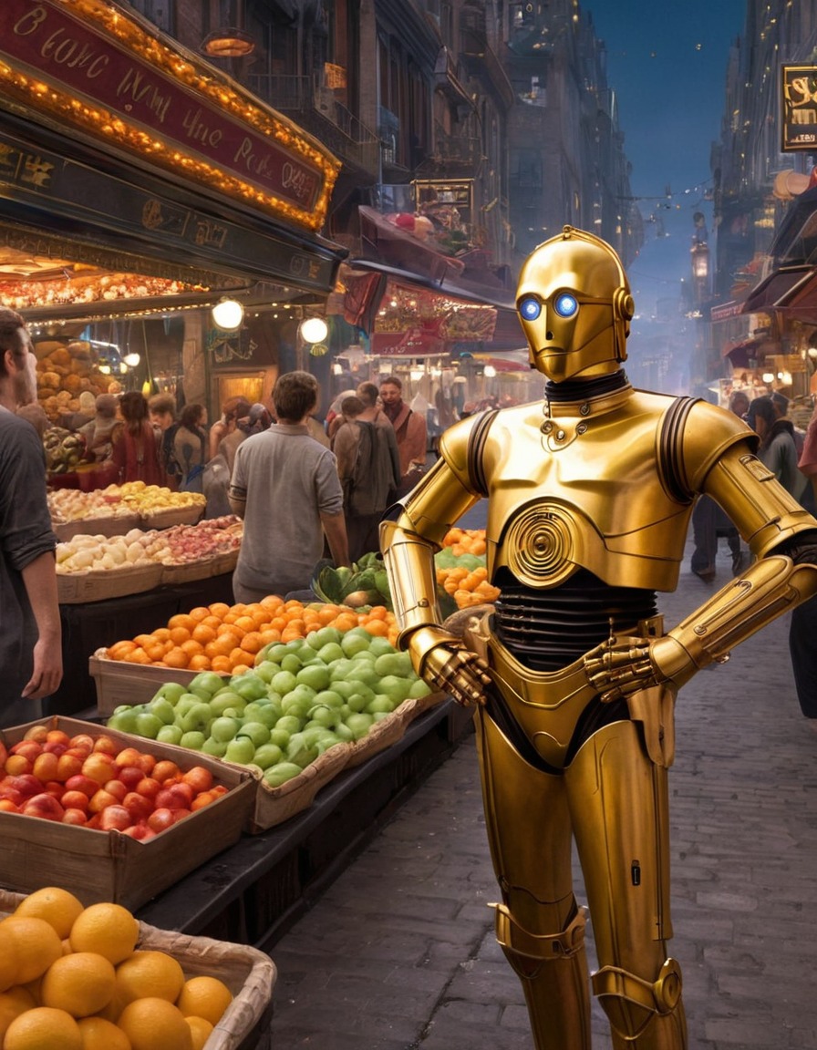 c-3po, lost, marketplace, bustling, new planet, robots, games, movies