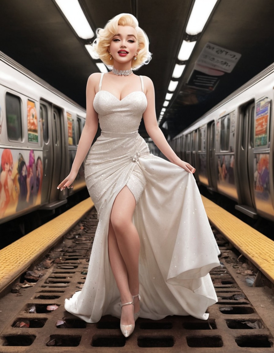 marilyn monroe, subway grate, iconic, glamorous, hollywood, vintage fashion, anime