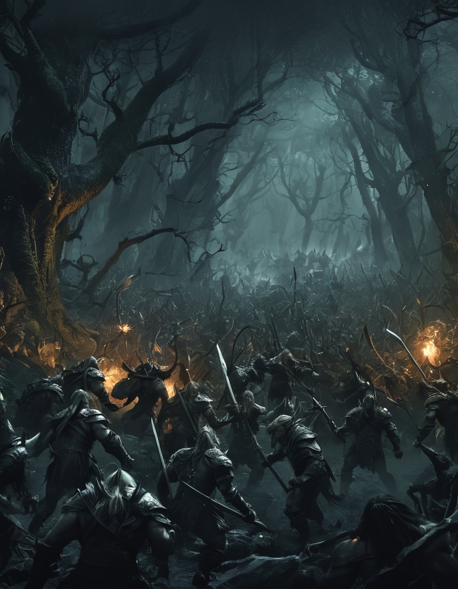 elves, orcs, battle, fantasy, forest, john tolkien, tolkien