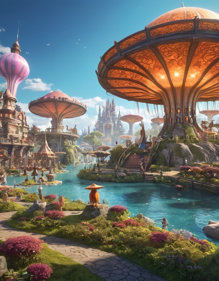 fantasy park, fictional creatures, urban fantasy, fantasy city, amusement park, magical beings, enchanted attractions