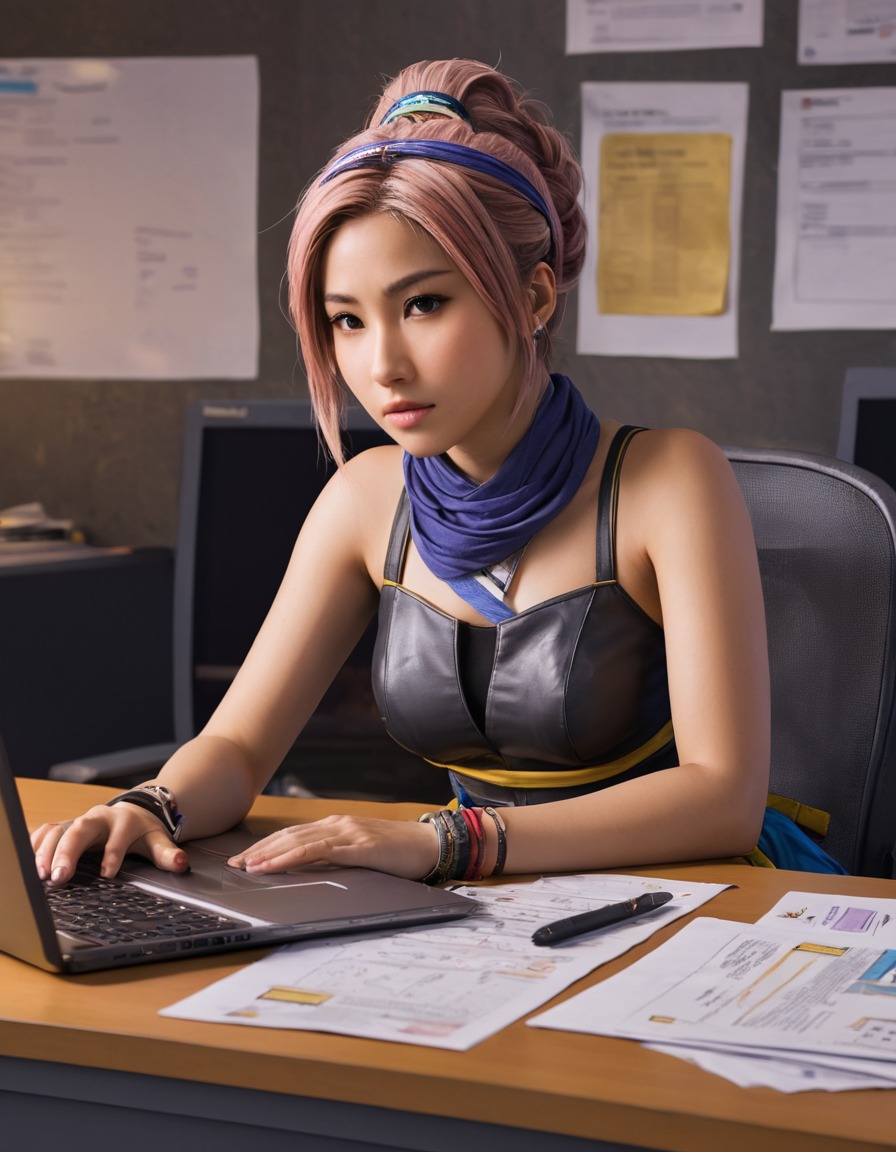 final fantasy, yuna, laptop, paperwork, desk, games, girls from games