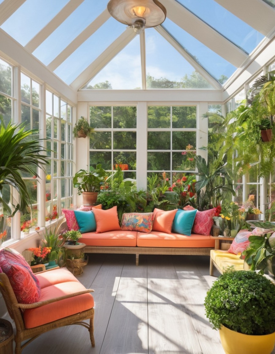 sunroom, plants, cozy seating, colorful pillows, home, interior