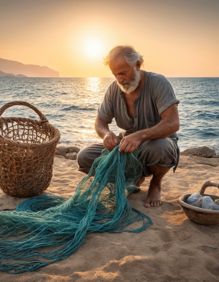 ancient greek culture, fisherman, net mending, seaside, ancient greece, 300 bc, daily life