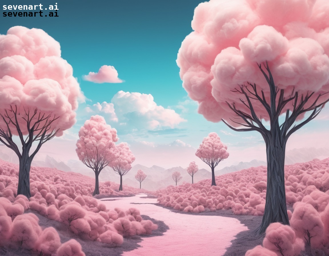 surreal, landscape, trees, eyes, clouds, cotton candy, hallucination