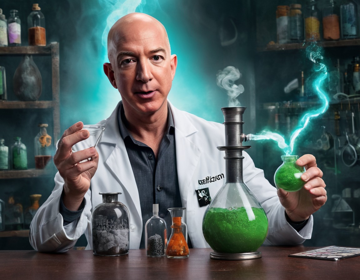 jeff bezos, mad scientist, potion, transformation, amazon branding, amazon