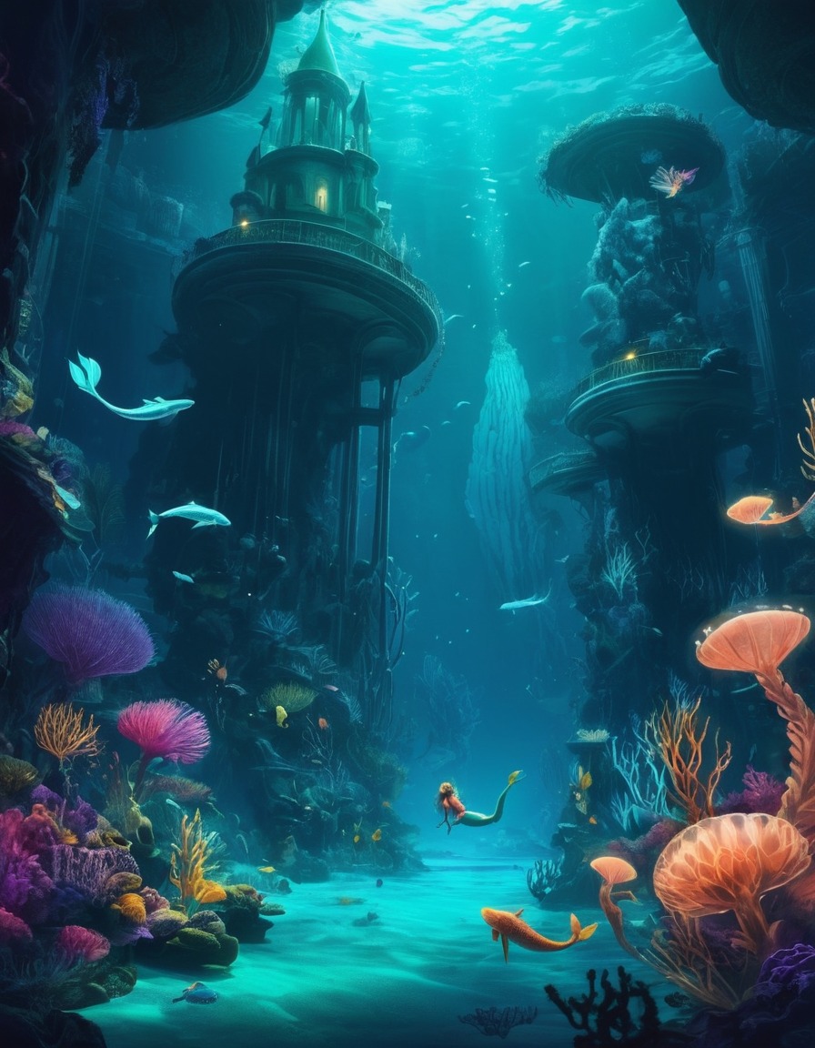 underwater, kingdom, bioluminescent, sea creatures, mermaids, fantastic