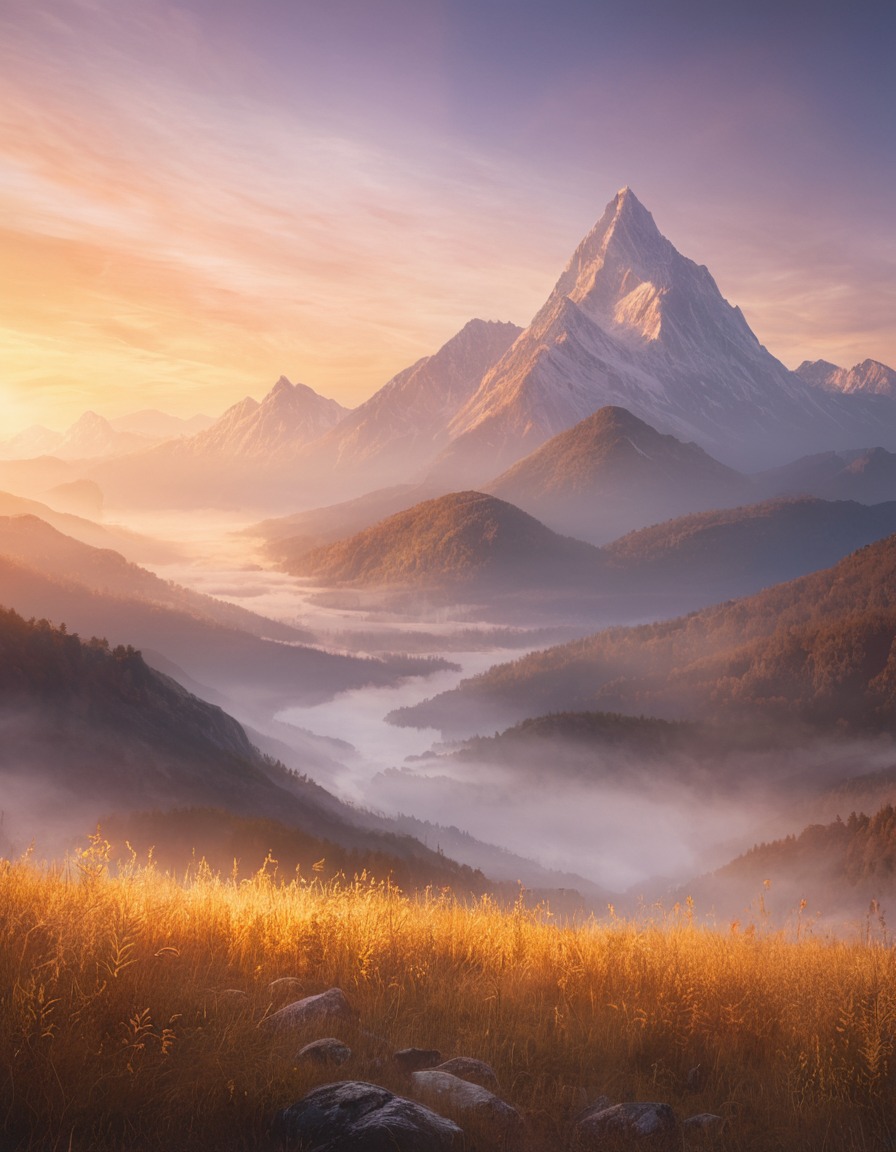 nature, sunrise, mountain, landscape, serene