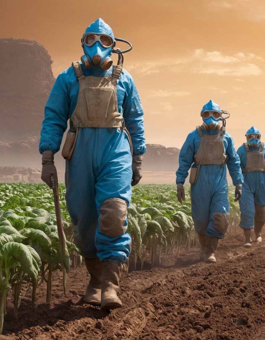 mutated crops, settlers, farming, protective suits, masks, irradiated soil, fallout, games, tv shows