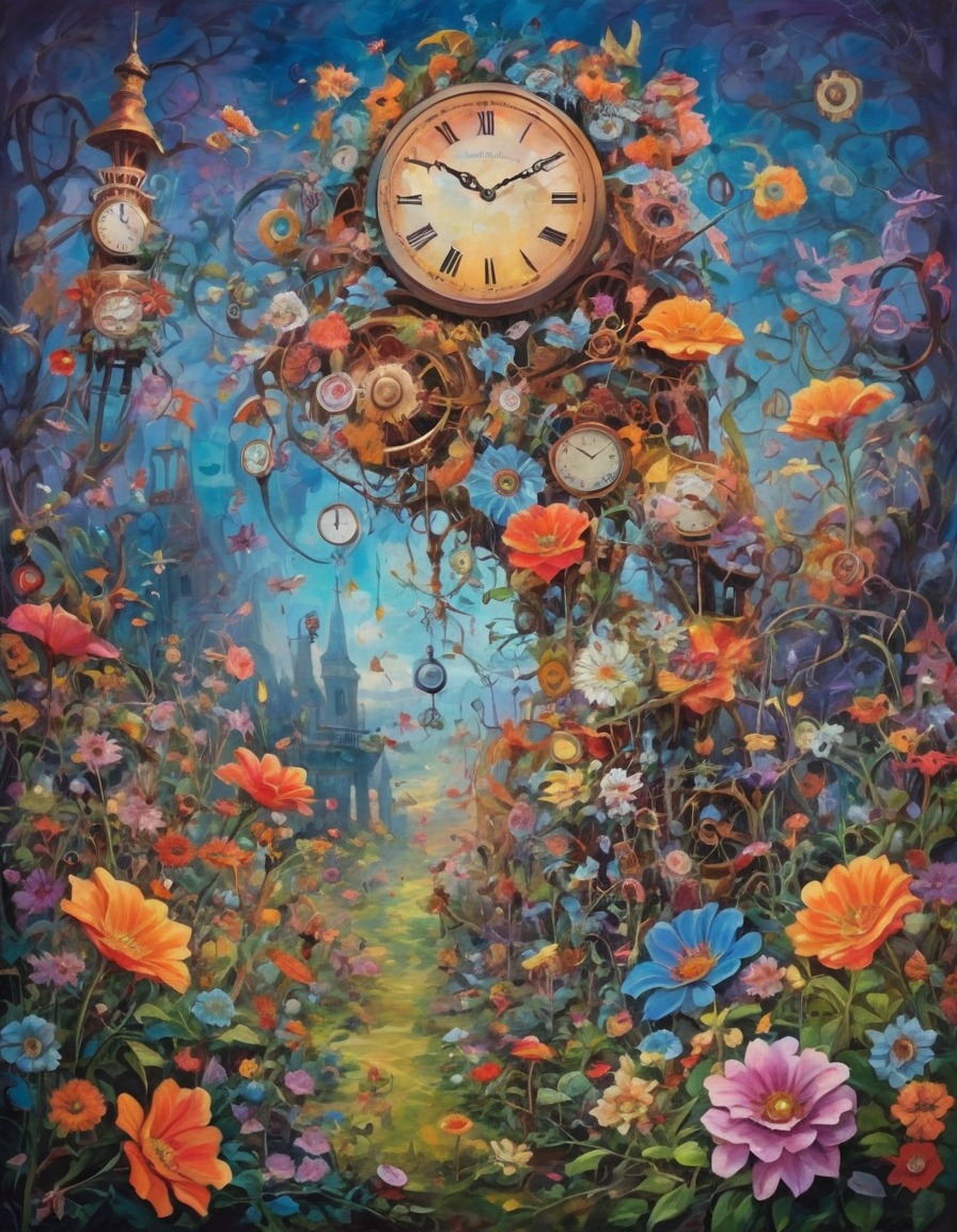 clocks, garden, flowers, time, surrealism, surreal