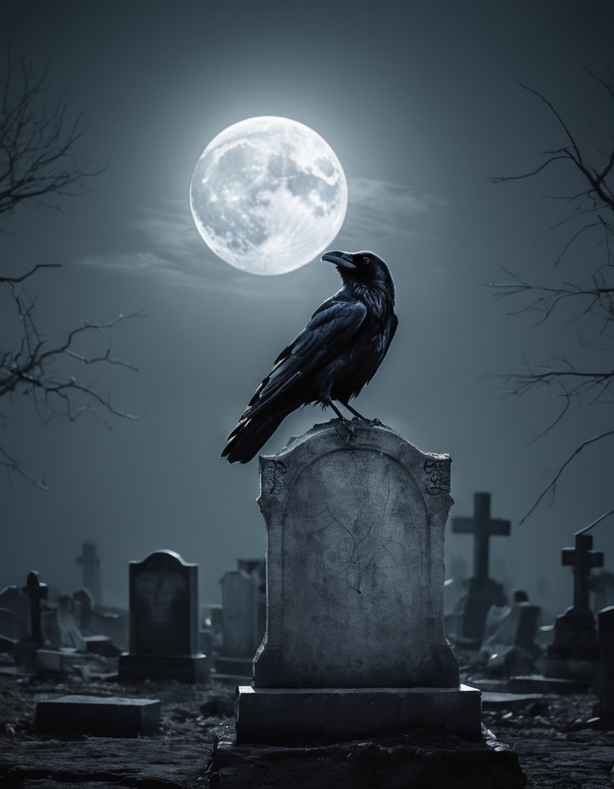 raven, gravestone, graveyard, full moon, gothic, underground, dark