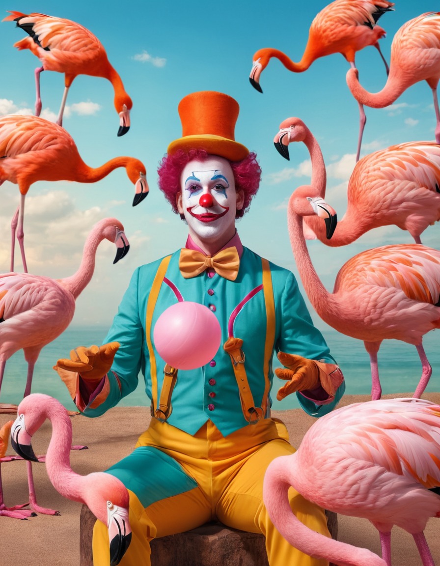 clown, juggling, flamingos, strange, circus, performance