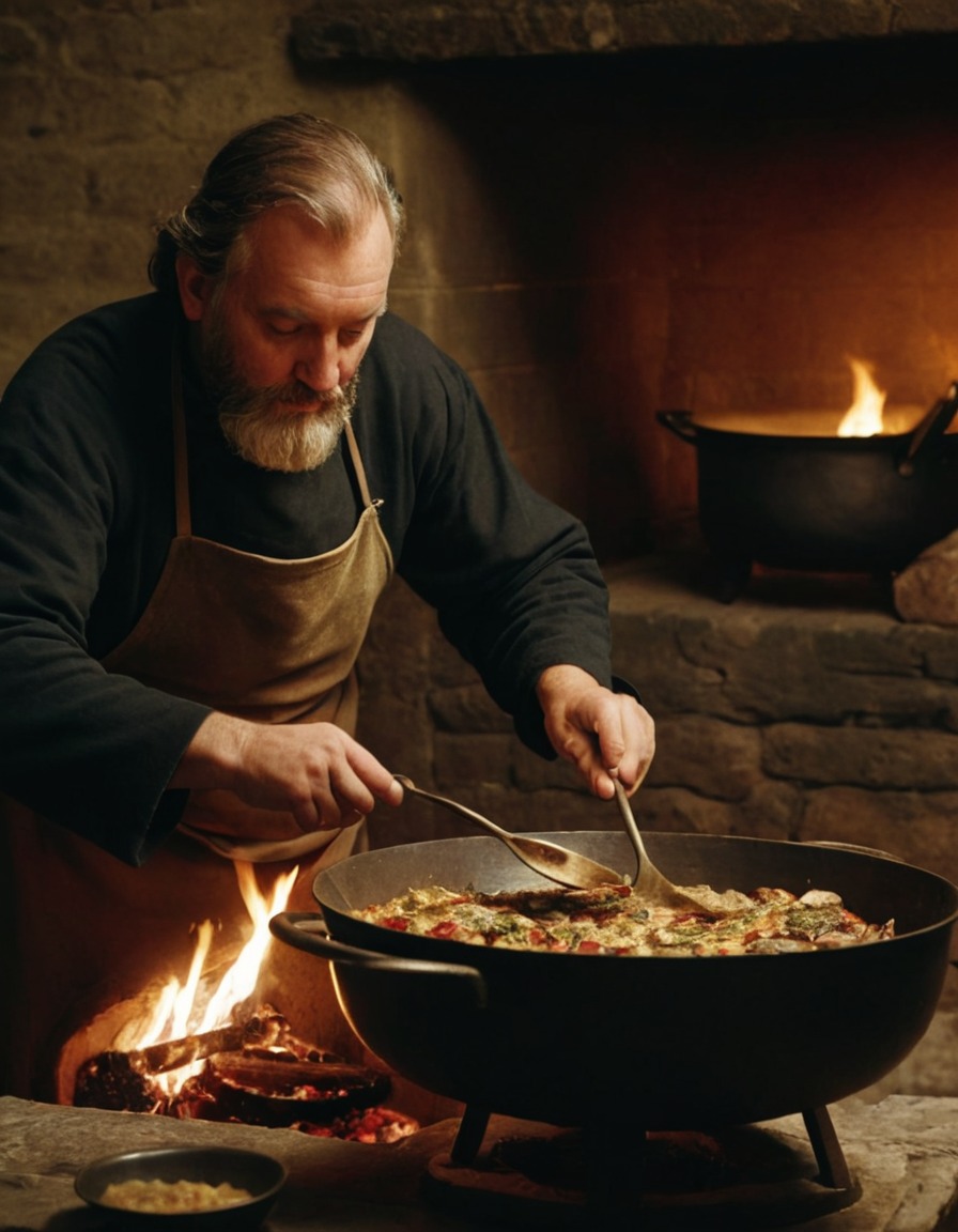 ancient cook, meal preparation, large hearth, medieval england, 1300 ad