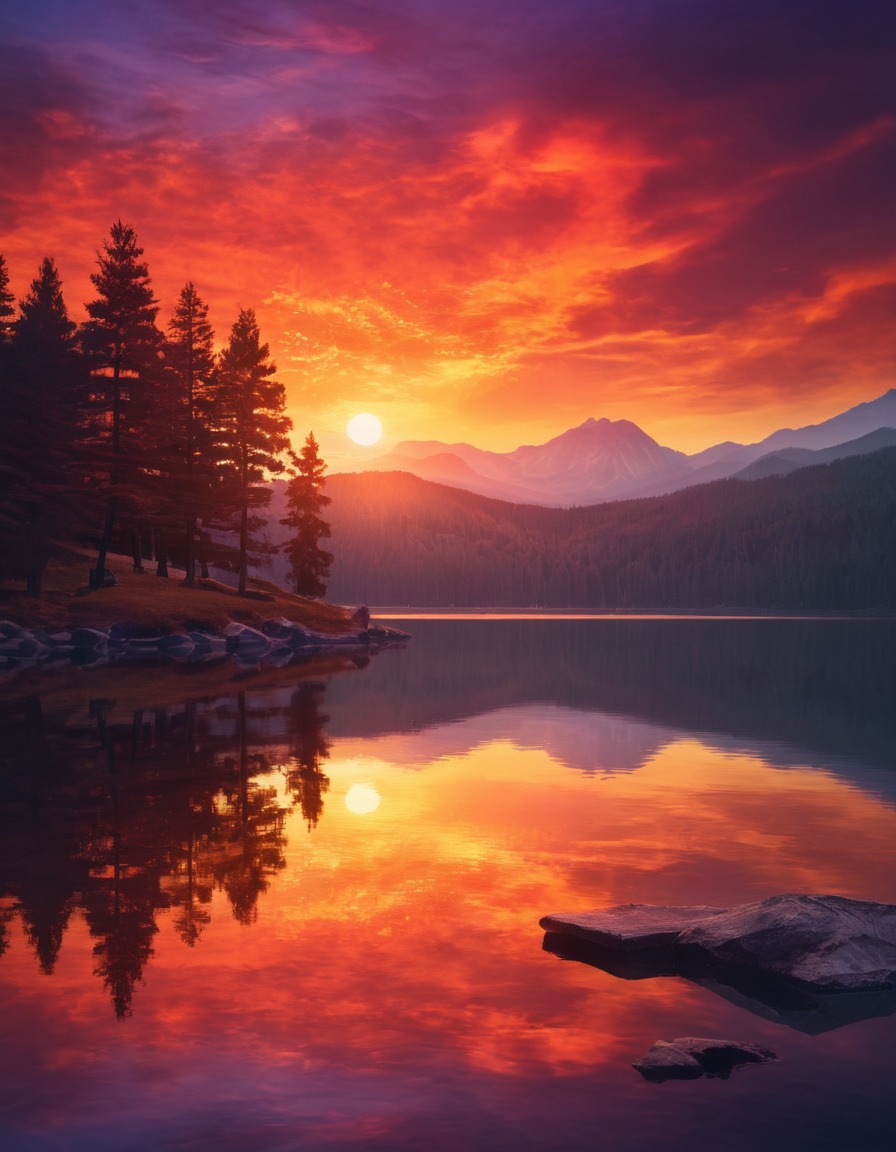 sunset, lake, reflection, vibrant colors, serene