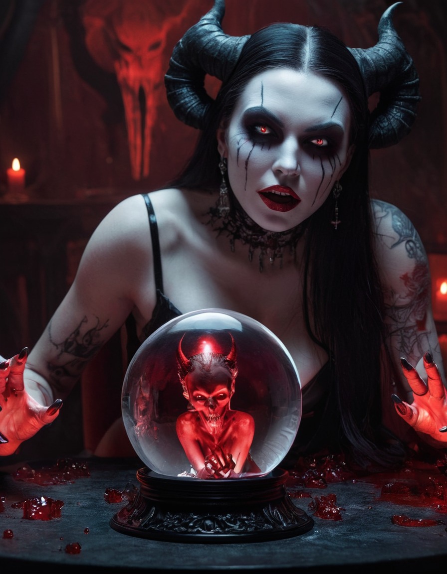 demoness, crystal ball, hell, sinister, fantasy, demon, sexy, nsfw	