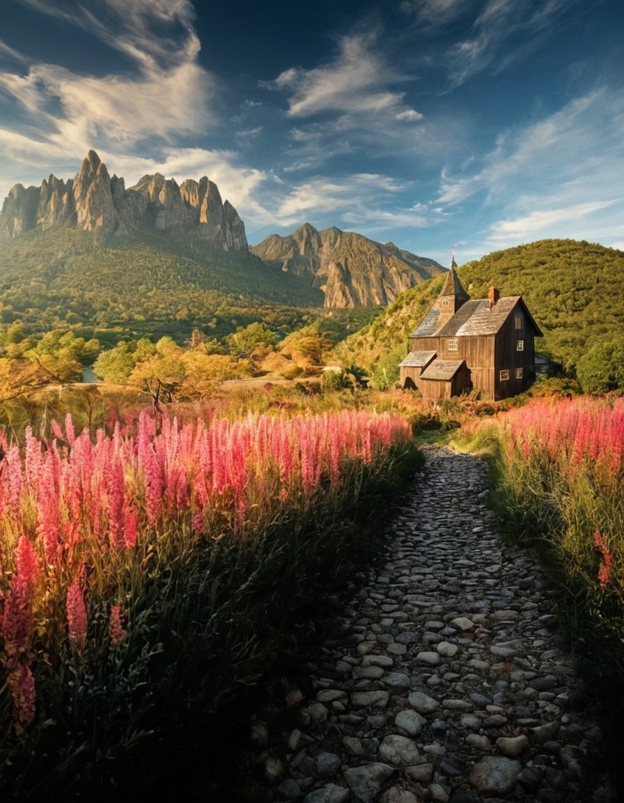 poland, landscape, mountain, cottage, pink flowers, wild flowers, path, nature, flowers, beautiful, petitworld favs