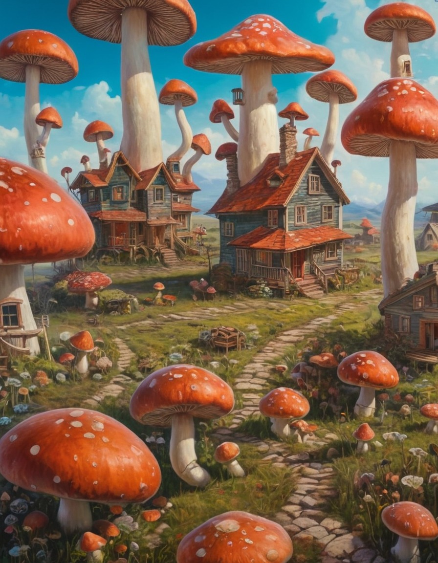 mushrooms, fantasy, miniature, village, nature, surreal