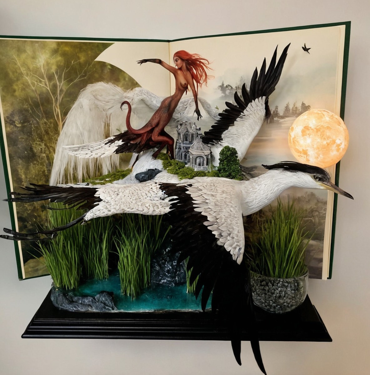 sculpture, bird, book, crane, diorama, miniature