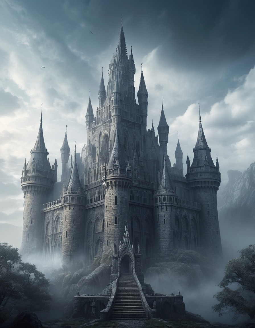 castle, mist, stone carvings, spires, architecture, gothic, eerie