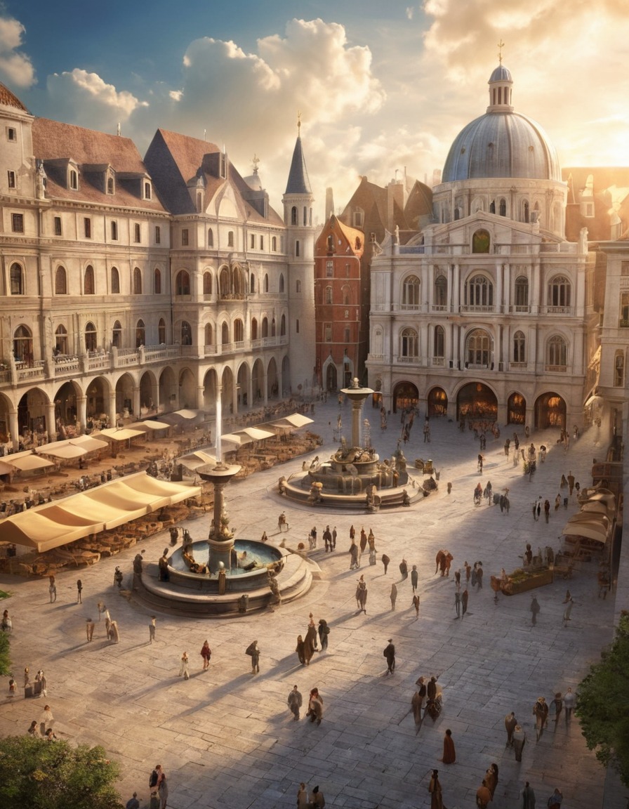 architecture, renaissance style, cityscape, town square, historic buildings